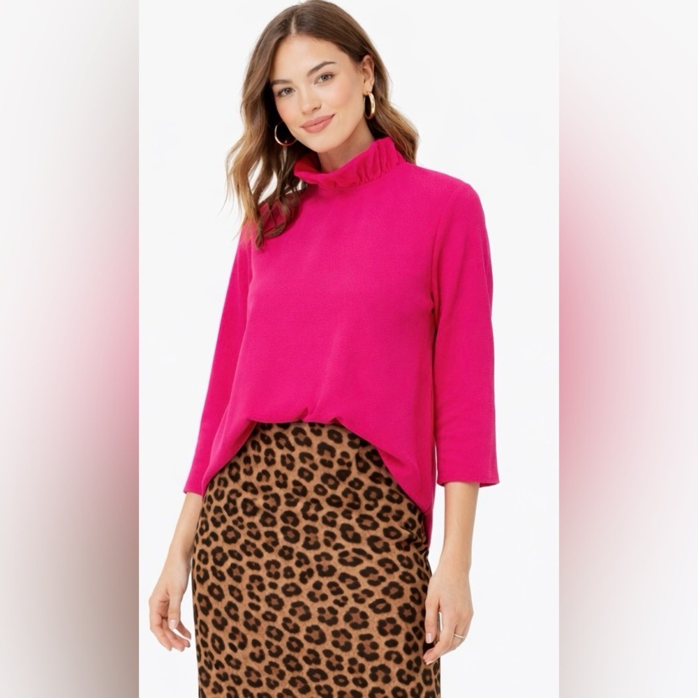 Pomander Place Hot Pink Ruffle Neck Swing Top Back Bow Statement Blouse - Picture 4 of 9